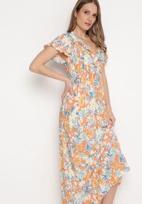Born2be - Beżowo-Niebieska Sukienka z Wiskozy z Gumką w Pasie z Kopertowym Dekoltem i Falbanką Wondria. Kolor: beżowy. Materiał: wiskoza. Typ sukienki: kopertowe #3