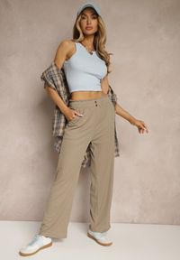 Renee - Ciemnobeżowe Spodnie High Waist o Fasonie Paper Bag z Gumką w Talii Lunalitia. Okazja: na co dzień. Stan: podwyższony. Kolor: beżowy. Wzór: aplikacja. Styl: casual, elegancki