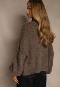 Renee - Jasnobrązowy Kardigan z Wełną o Kroju Oversize z Wiązanymi Kokardami Elearina. Okazja: na co dzień. Typ kołnierza: kokarda. Kolor: brązowy. Materiał: wełna. Styl: casual, elegancki, street #4