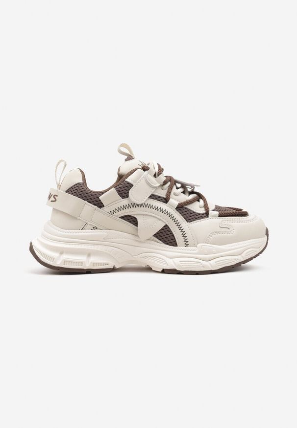 Born2be - Beżowo-Brązowe Sneakersy na Grubej Podeszwie Zapinane na Rzep z Ozdobnymi Sznurowaniami Testari. Nosek buta: okrągły. Zapięcie: rzepy. Kolor: beżowy. Materiał: materiał. Obcas: na obcasie. Wysokość obcasa: niski