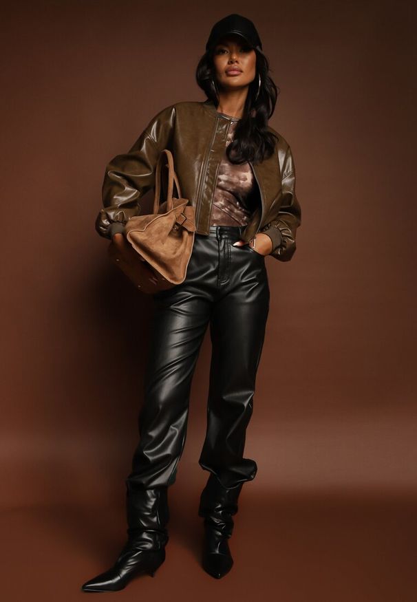 Renee - Brązowa Kurtka Bomberka z Wiskozą z Imitacji Skóry Erivessa. Okazja: na co dzień. Kolor: brązowy. Materiał: skóra, wiskoza. Wzór: aplikacja. Styl: casual