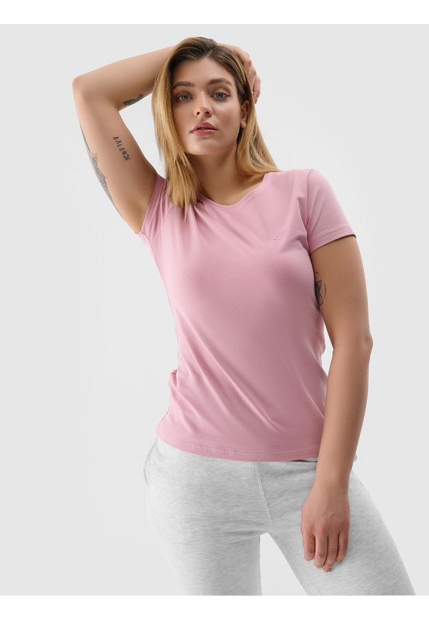 4f - 4F T-shirt slim gładki damski - różowy S. Okazja: na co dzień. Kolor: różowy. Materiał: jersey, elastan, dzianina, bawełna, materiał. Wzór: gładki. Styl: sportowy, casual