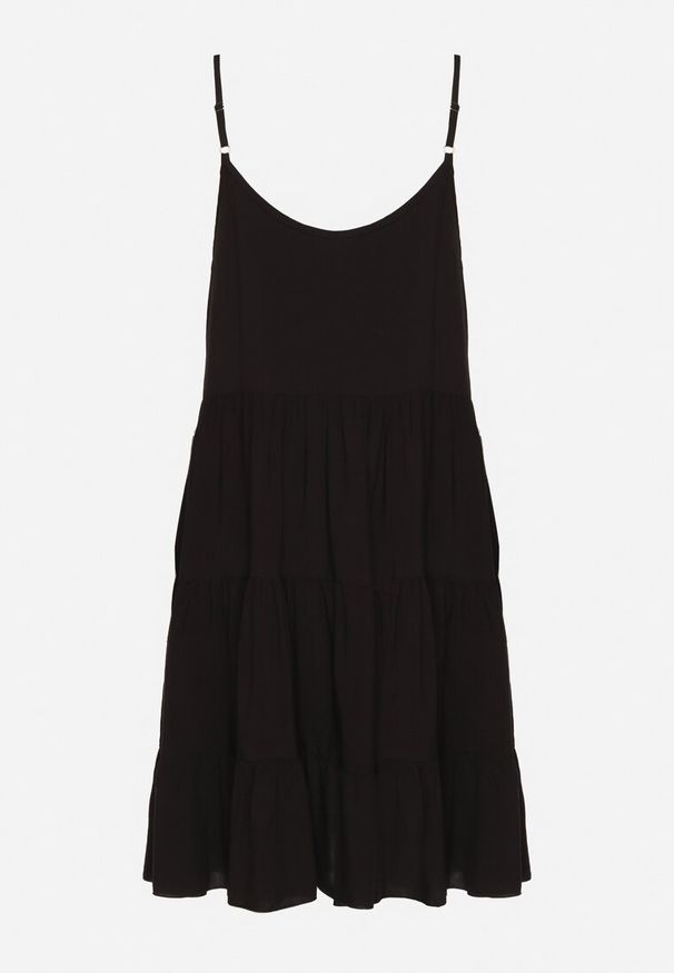 Born2be - Czarna Rozkloszowana Sukienka z Bawełny na Ramiączkach z Falbanami Lilivane. Okazja: na spacer, na co dzień. Kolor: czarny. Materiał: bawełna. Długość rękawa: na ramiączkach. Sezon: wiosna, lato. Typ sukienki: proste. Styl: casual