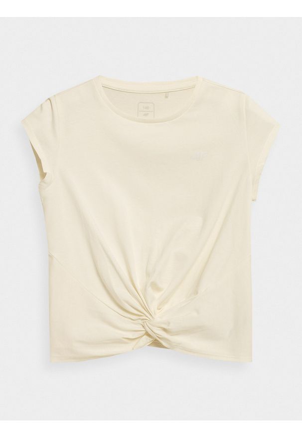 4f - T-shirt gładki dziewczęcy. Kolor: biały. Materiał: bawełna, dzianina. Wzór: gładki