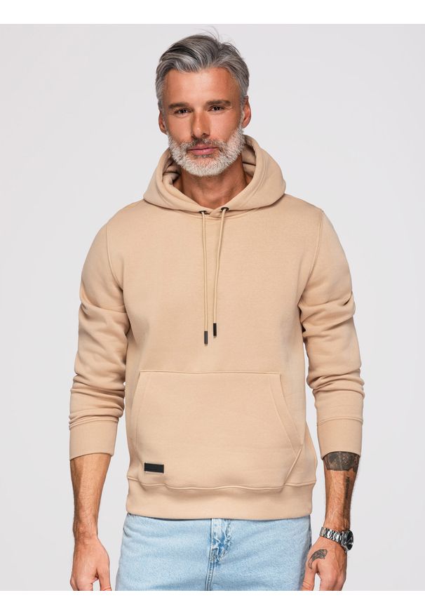 Ombre Clothing - Dresowa męska bluza kangurka z kapturem BASIC – beżowa V6 - Rozmiar: M. Okazja: na co dzień. Typ kołnierza: kaptur. Kolor: beżowy. Materiał: dresówka. Wzór: jednolity. Styl: casual, sportowy