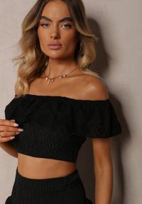 Renee - Czarny Bawełniany Komplet 2-Częściowy Ażurowy Top Typu Hiszpanka Spódnica z Gumką w Talii Mavima. Kolor: czarny. Materiał: bawełna. Wzór: ażurowy #3