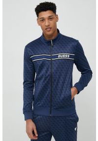 Guess bluza męska kolor granatowy z aplikacją. Kolor: niebieski. Materiał: dzianina. Wzór: aplikacja