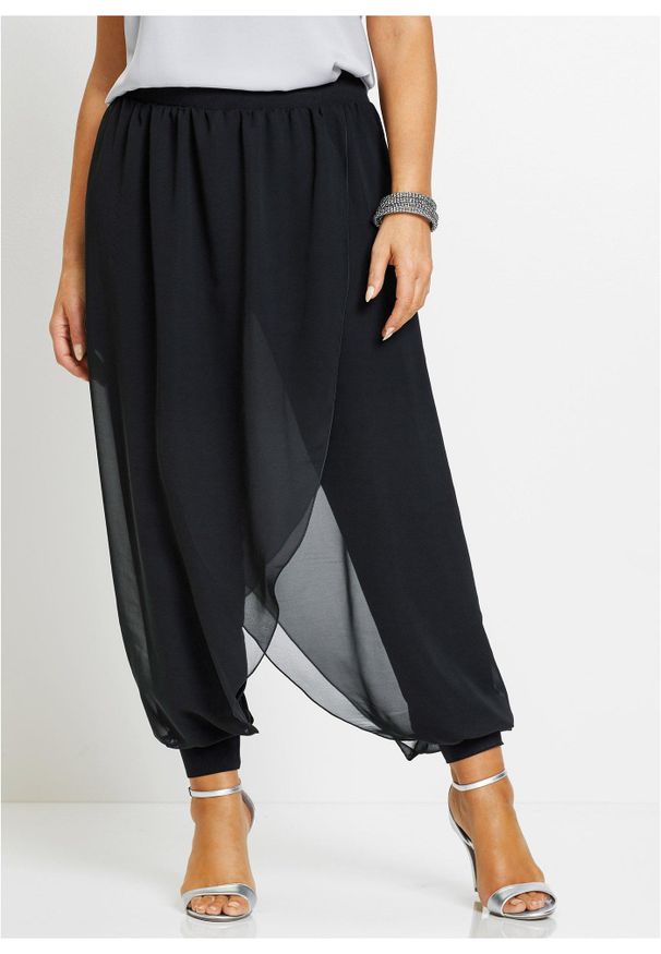 bonprix - Spodnie z szyfonem. Kolor: czarny. Materiał: szyfon. Sezon: lato. Styl: elegancki