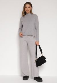 Born2be - Szare Dzianinowe Spodnie o Szerokim Kroju ze Sznurkami Melatusa. Okazja: na co dzień. Stan: podwyższony. Kolor: szary. Materiał: dzianina. Styl: klasyczny, casual, elegancki #6