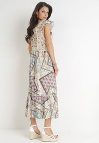 Born2be - Beżowo-Niebieska Rozkloszowana Sukienka Maxi z Szydełkową Górą i Falbankami z Bawełny Madela. Typ kołnierza: kołnierz z falbankami. Kolor: beżowy. Materiał: bawełna. Sezon: wiosna, lato. Długość: maxi #2