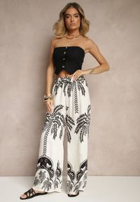 Renee - Białe Spodnie z Wiskozy o Szerokim Kroju High Waist z Palmami Varritia. Okazja: na co dzień. Stan: podwyższony. Kolor: biały. Materiał: wiskoza. Sezon: lato. Styl: elegancki, casual