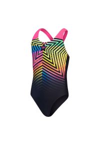 Dziewczęcy jednoczęściowy kostium kąpielowy Speedo Digital Placement Splashback. Kolor: wielokolorowy, czerwony, różowy, żółty, czarny. Wzór: kolorowy #1