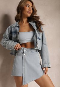 Renee - Niebieskie Spódnico-Spodenki Jeansowe z Asymetryczną Zakładką Szorty Moongela. Okazja: na co dzień. Stan: podwyższony. Kolor: niebieski. Materiał: jeans. Styl: casual #5