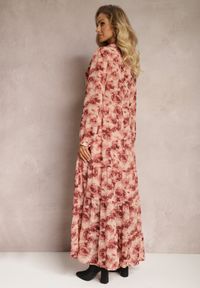 Renee - Różowa Rozkloszowana Sukienka Koszulowa Maxi w Kwiaty Nersa. Kolor: różowy. Wzór: kwiaty. Typ sukienki: koszulowe. Długość: maxi