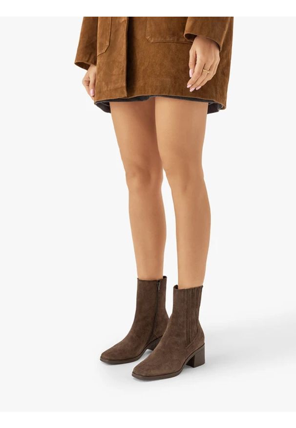 Ryłko - Brązowe sztyblety na słupku z przeszyciami. Zapięcie: zamek. Kolor: brązowy. Materiał: skóra, welur. Szerokość cholewki: normalna. Obcas: na słupku. Styl: elegancki, street. Wysokość obcasa: średni