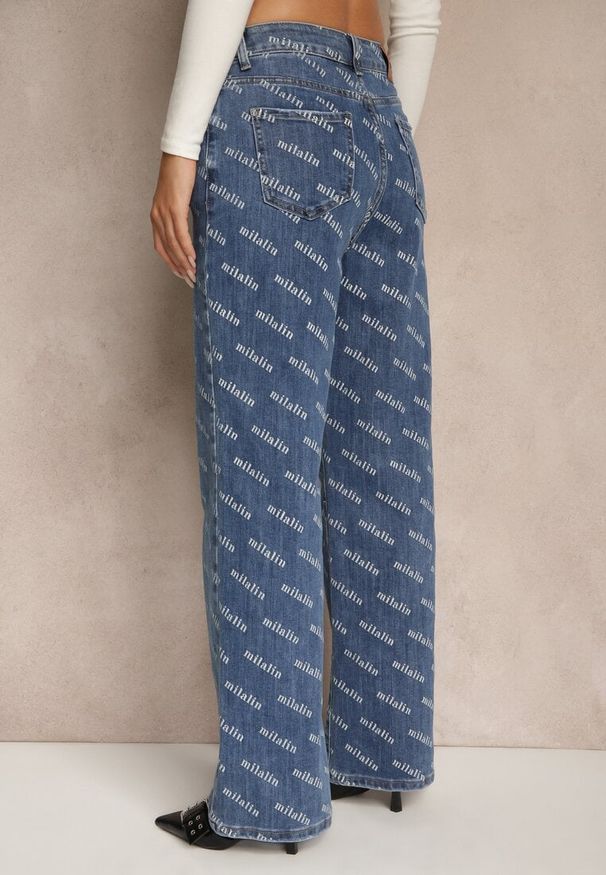 Renee - Niebieskie Jeansy Straight Leg High Waist Zdobione Printem Vilesse. Okazja: na co dzień, na spacer. Stan: podwyższony. Kolor: niebieski. Wzór: aplikacja, nadruk. Styl: klasyczny, casual