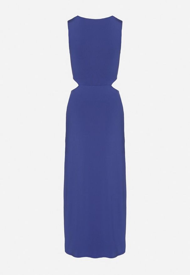 Born2be - Niebieska Sukienka z Wiskozą Ozdobiona Wycięciami i Metalową Aplikacją Odivaria. Kolor: niebieski. Materiał: wiskoza. Wzór: aplikacja. Styl: klasyczny