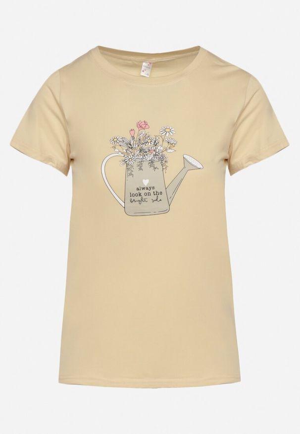Born2be - Beżowy Bawełniany T-shirt z Ozdobnym Nadrukiem Littana. Okazja: na co dzień. Kolor: beżowy. Materiał: bawełna. Wzór: nadruk. Sezon: lato, wiosna. Styl: casual, klasyczny
