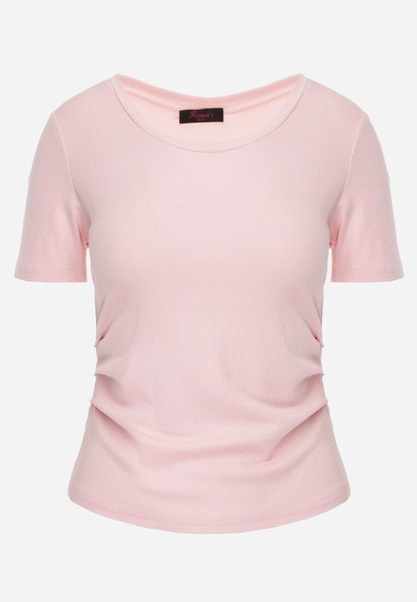 Renee - Różowy T-shirt w Prążki z Marszczeniami po Bokach Nedala. Okazja: na co dzień. Kolor: różowy. Wzór: prążki. Styl: casual, elegancki