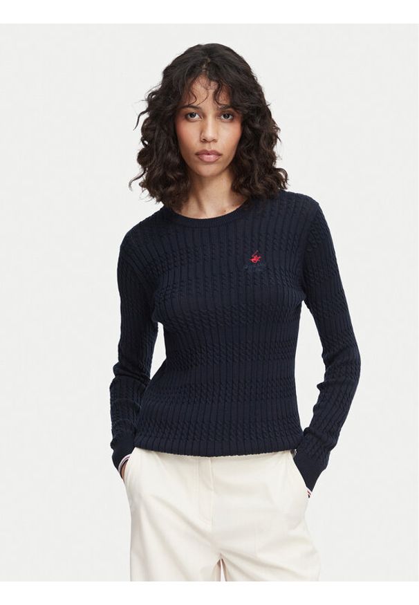 Beverly Hills Polo Club Sweter P-SS26W-M537390 Granatowy Regular Fit. Typ kołnierza: polo. Kolor: niebieski. Materiał: bawełna