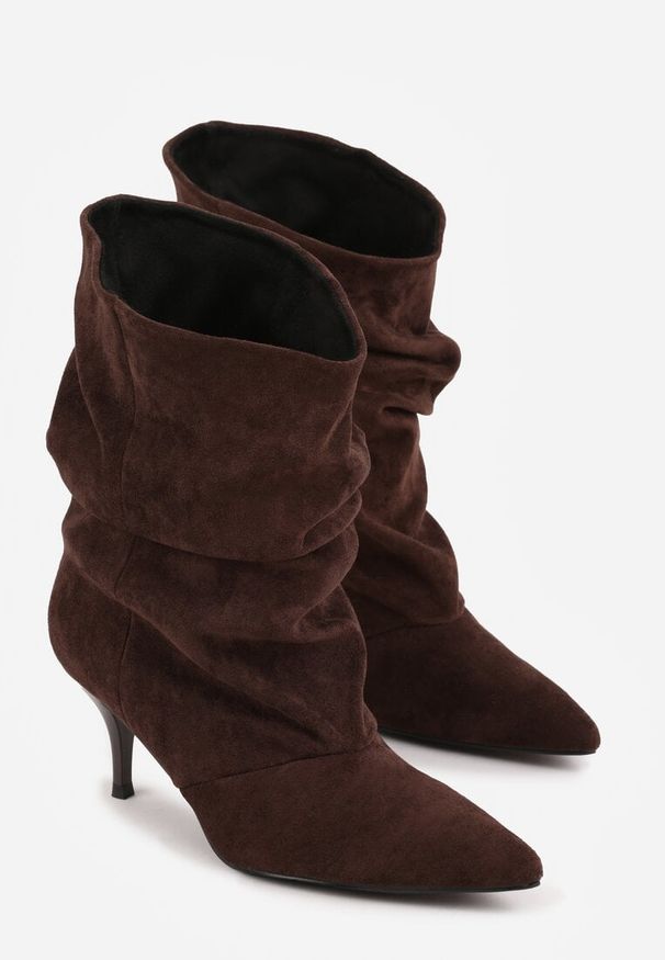 Renee - Brązowe Botki na Szpilce Typu Slouchy Anitai. Kolor: brązowy. Materiał: jeans. Obcas: na szpilce