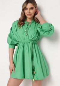 Born2be - Zielona Sukienka Adousa. Kolor: zielony. Materiał: guma, tkanina. Wzór: gładki. Typ sukienki: bombki. Styl: klasyczny. Długość: mini