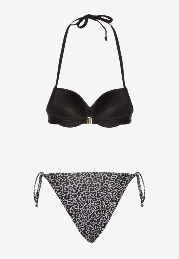 Born2be - Czarne Bikini Biustonosz i Majtki Figi z Wiązaniem Savlene. Kolor: czarny. Wzór: aplikacja, haft