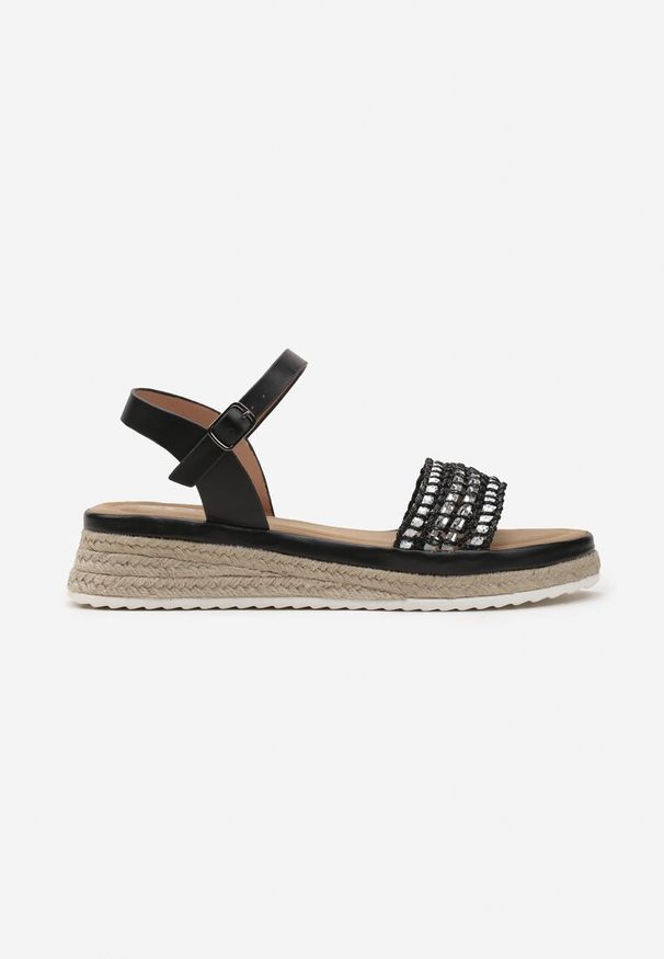 Born2be - Czarne Sandały Boho na Plecionej Podeszwie z Kryształkami na Pasku Griasta. Okazja: na co dzień. Zapięcie: pasek. Kolor: czarny. Sezon: lato. Styl: boho