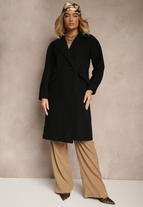 Renee - Czarny Płaszcz Dwurzędowy Długi Tadde. Kolor: czarny. Długość: długie
