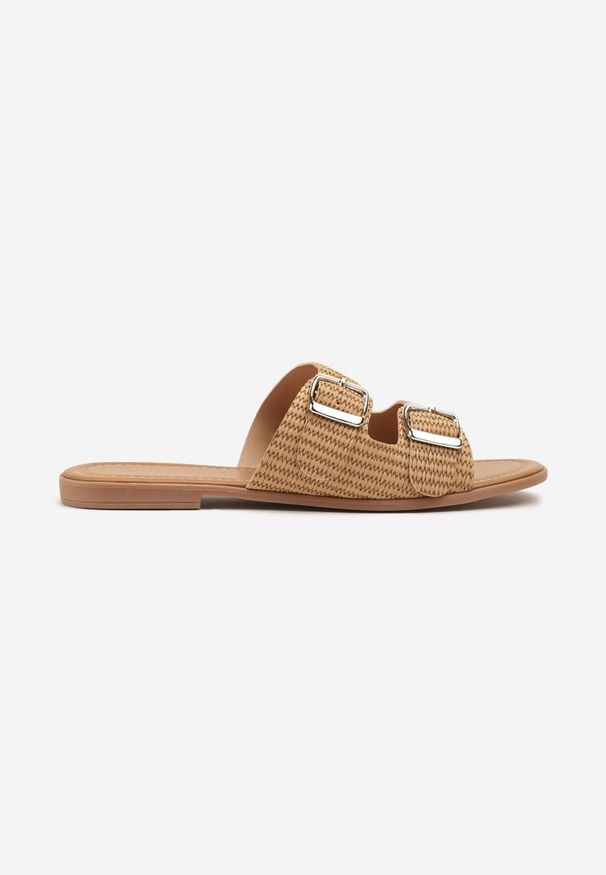 Born2be - Ciemnobeżowe Klapki z Dwoma Paskami i Klamrami Iffunise. Okazja: na co dzień, na spacer. Kolor: beżowy. Materiał: jeans. Styl: elegancki, casual