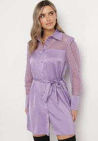 Born2be - Fioletowa Koszulowa Mini Sukienka z Materiałowym Paskiem i Siateczką w Górnej Części Gudris. Kolor: fioletowy. Materiał: materiał. Typ sukienki: koszulowe. Długość: mini #3