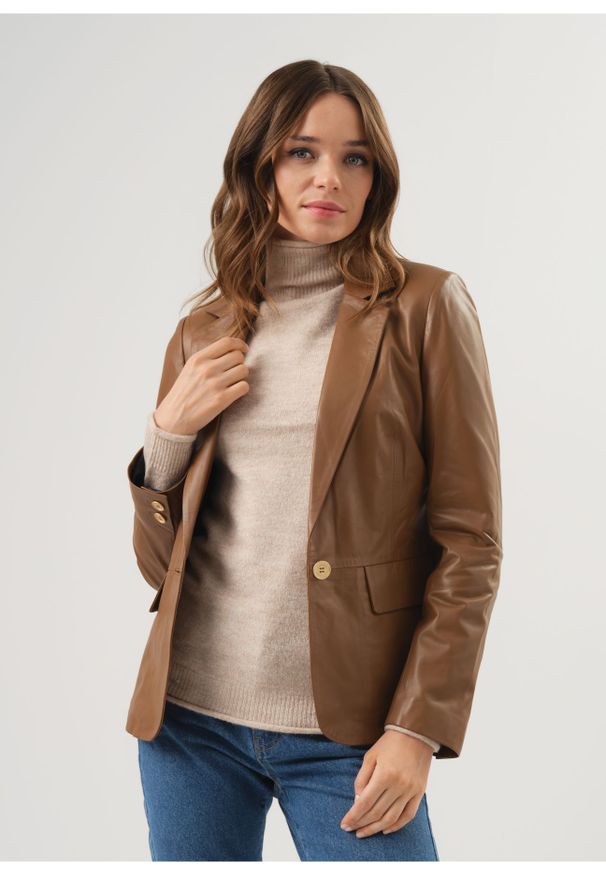Ochnik - Skórzana kurtka damska w kolorze camel. Kolor: brązowy. Materiał: skóra