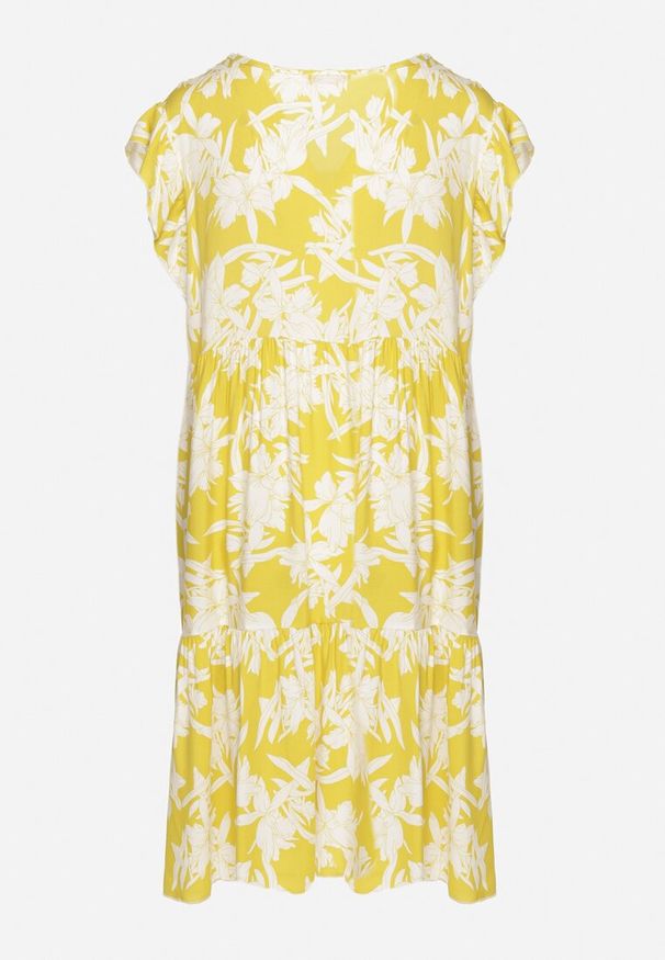 Born2be - Żółta Bawełniana Sukienka o Rozkloszowanym Kroju w Kwiaty Libella. Okazja: do pracy, na co dzień. Kolor: żółty. Materiał: bawełna. Wzór: kwiaty. Typ sukienki: rozkloszowane, proste. Styl: casual, elegancki