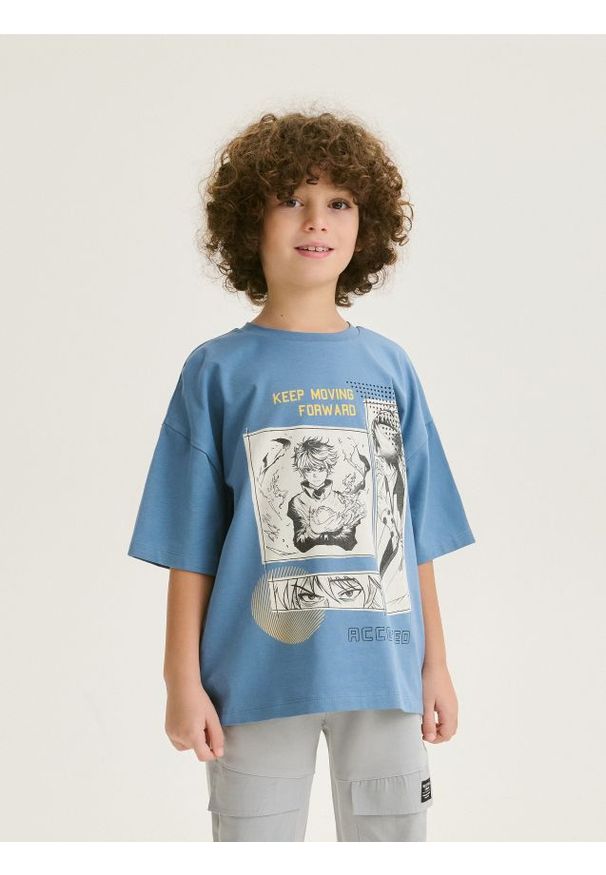 Reserved - Bawełniany t-shirt z nadrukiem - granatowy. Kolor: niebieski. Materiał: bawełna. Wzór: nadruk