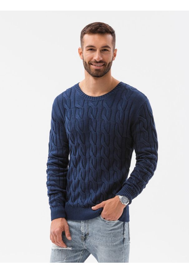 Ombre Clothing - Sweter męski z warkoczowym splotem E195 - ciemnoniebieski - XXL. Okazja: na co dzień. Kolor: niebieski. Materiał: jeans, akryl, bawełna. Wzór: ze splotem. Styl: casual, klasyczny, elegancki