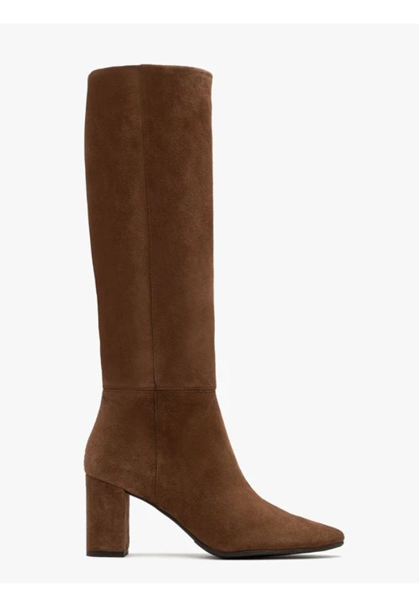 Ryłko - Brązowe kozaki ze skóry welurowej na słupkowym obcasie. Zapięcie: zamek. Kolor: brązowy. Materiał: skóra, welur. Szerokość cholewki: wąska. Obcas: na obcasie. Styl: street. Wysokość obcasa: średni