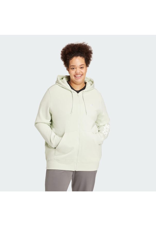 Adidas - Essentials Linear Full-Zip French Terry Hoodie (Plus Size). Typ kołnierza: kaptur. Kolekcja: plus size. Kolor: zielony. Materiał: dresówka