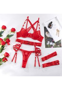 Intica - Komplet bielizny z ozdobnymi regulowanymi paskami na romantyczne wieczory Shoshana. Kolor: czerwony. Materiał: materiał. Wzór: paski