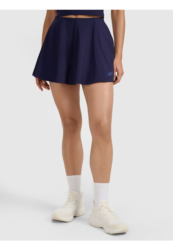 4f - 4F Spódnica tenisowa damska - granatowa M. Kolor: niebieski. Materiał: dzianina, elastan, włókno, syntetyk, materiał. Wzór: gładki, ze splotem. Styl: sportowy