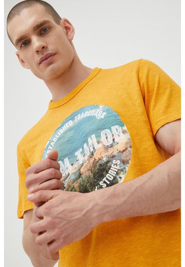 Tom Tailor t-shirt bawełniany kolor żółty z nadrukiem. Kolor: żółty. Materiał: bawełna. Wzór: nadruk