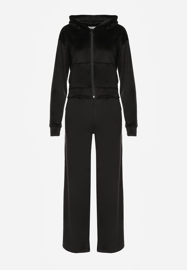 Renee - Czarny Komplet Dresowy z Welurowej Dzianiny Szerokie Spodnie i Krótka Bluza Avilti. Kolor: czarny. Materiał: welur, dzianina, dresówka