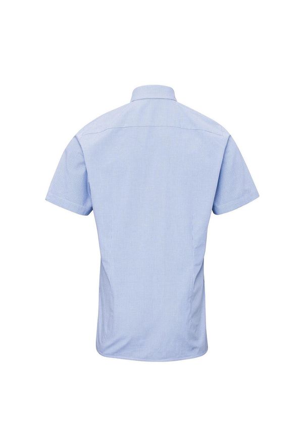 PREMIER - Męska Bawełniana Koszula Z Krótkim Rękawem W Kratkę Micro Gingham. Kolor: biały, wielokolorowy, niebieski. Materiał: bawełna. Długość rękawa: krótki rękaw. Długość: krótkie. Wzór: kratka