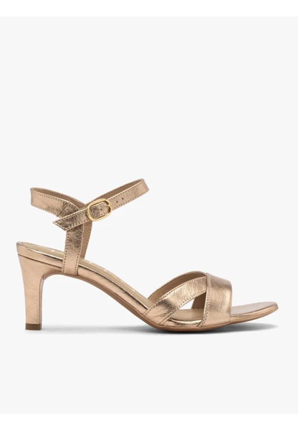 Ryłko - Złote sandały damskie na obcasie. Zapięcie: sprzączka. Kolor: szary. Materiał: skóra. Obcas: na obcasie. Styl: street. Wysokość obcasa: średni