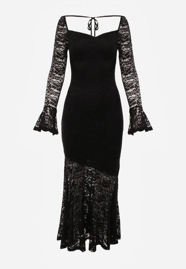 Born2be - Czarna Koronkowa Sukienka VICES o Eleganckim Kroju z Wiązaniem na Plecach Irinlenne. Okazja: na randkę. Kolor: czarny. Materiał: koronka. Styl: elegancki