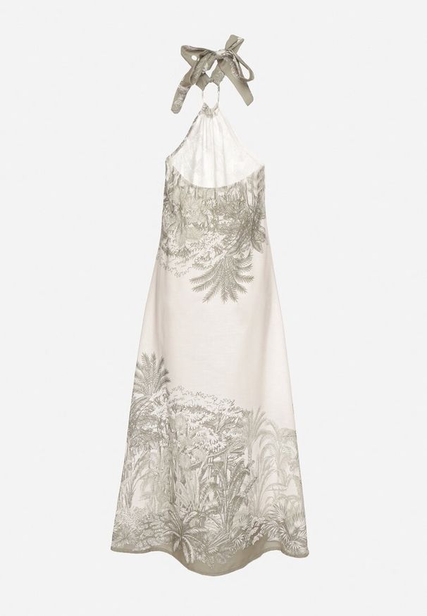 Born2be - Zielona Sukienka z Wiskozą i Motywem Palm z Wiązaniem Izomara. Okazja: na spacer, na co dzień. Kolor: zielony. Materiał: wiskoza. Sezon: lato. Styl: elegancki, casual