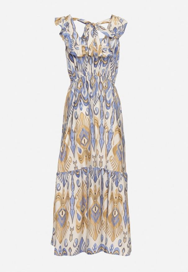 Born2be - Niebieska Rozkloszowana Sukienka z Wiskozą Wiązana na Plecach w Print Boho Turielia. Okazja: na spacer. Kolor: niebieski. Materiał: wiskoza. Długość rękawa: na ramiączkach. Wzór: nadruk. Sezon: lato. Styl: boho