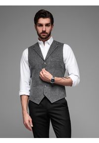 Ombre Clothing - Elegancka kamizelka męska w kratkę z klapami – czarna V3 - Rozmiar: L. Kolor: czarny. Materiał: poliester, materiał. Wzór: kratka. Styl: elegancki #8