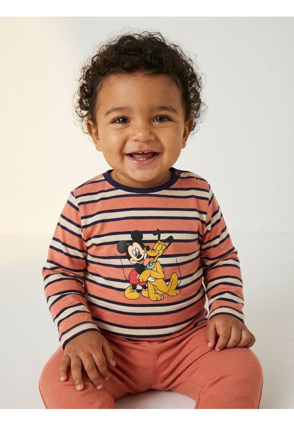 Sinsay - Bawełniana koszulka w paski Mickey Mouse - pomarańczowy. Kolor: pomarańczowy. Materiał: bawełna. Wzór: motyw z bajki, paski