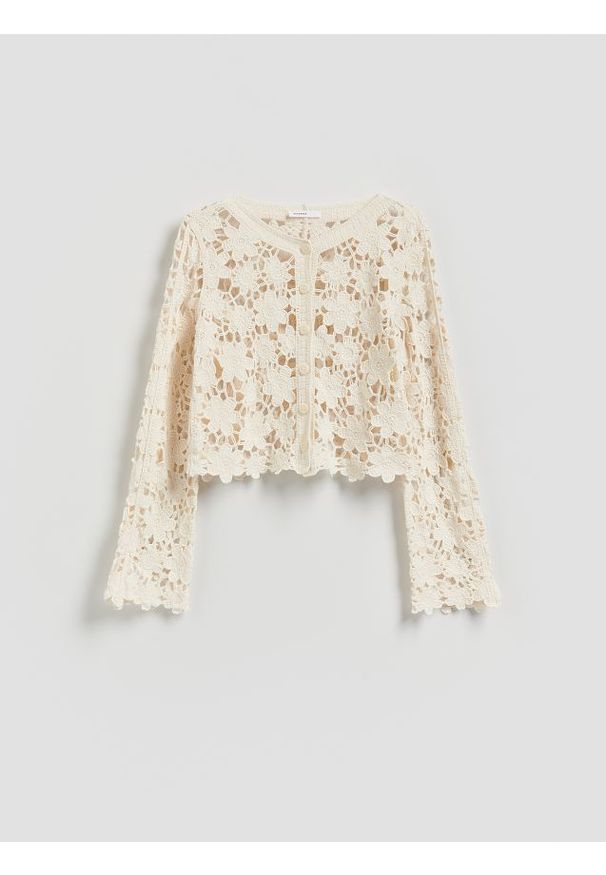 Reserved - Crochetowy kardigan - kremowy. Kolor: kremowy. Materiał: dzianina, bawełna