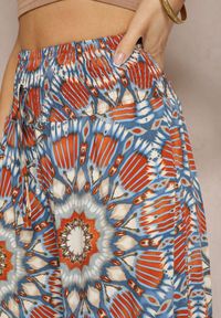 Renee - Niebiesko-Pomarańczowe Spodnie Typu Palazzo z Wiskozy High Waist z Gumką w Pasie Bistalia. Okazja: na co dzień. Stan: podwyższony. Kolor: niebieski. Materiał: wiskoza. Długość: długie. Styl: wizytowy, casual #4